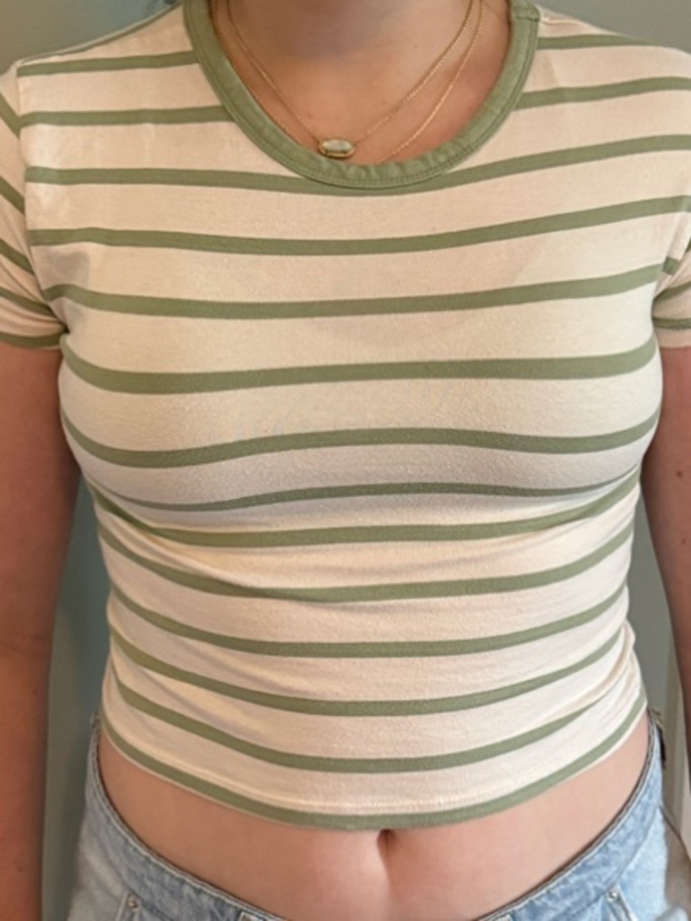 Green & White Striped Crop Top - Women's Casual Tee